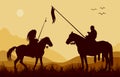 Silhouettes of two medieval knights on horseback